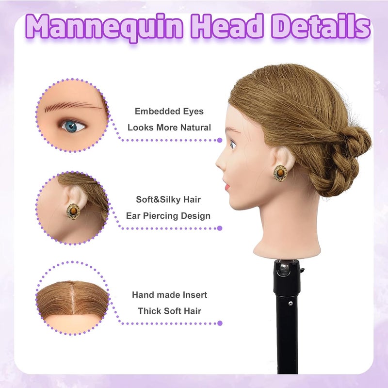 Firstwon 20-22" Mannequin Head with 100% Real Human Hair Cosmetology Manikin Doll Head for Styling Hairdresser Practice Head (Human Hair #27) - Image 3